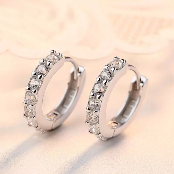 Sterling Silver CZ Diamond Huggie Hoop Earrings - Picture 6 of 9